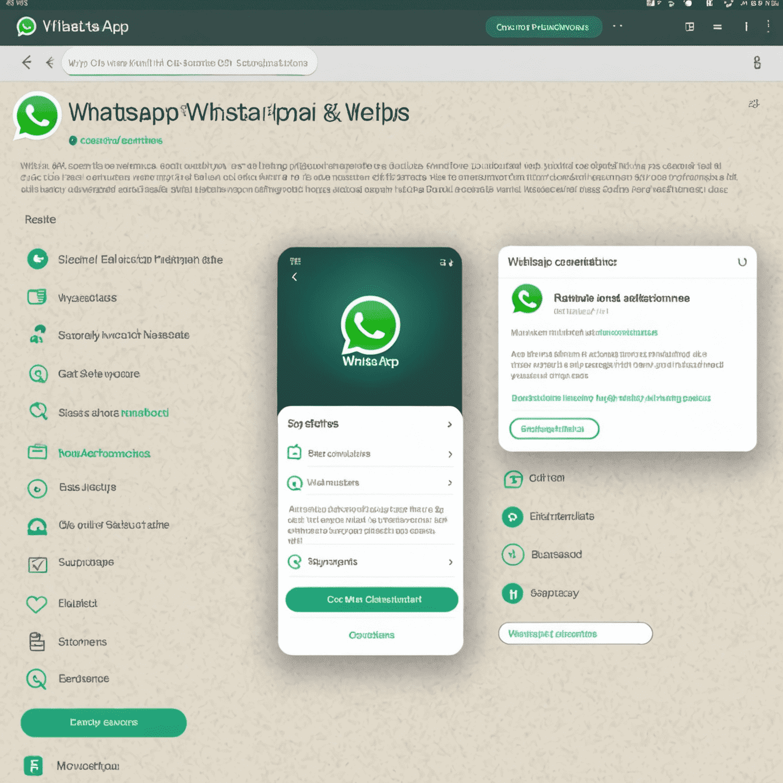 Obraz przedstawiający interfejs WhatsApp Web z zaznaczonymi kluczowymi funkcjami i instrukcjami krok po kroku