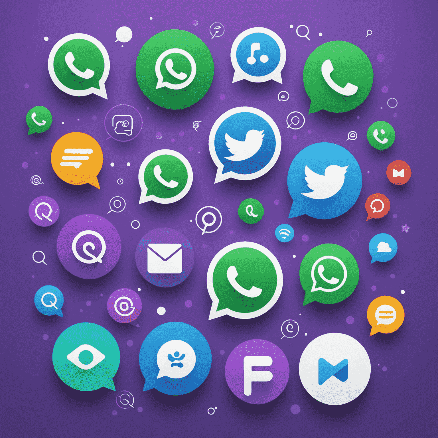 Kolaż przedstawiający ikony i interfejsy użytkownika różnych komunikatorów: WhatsApp, Viber, Telegram i Signal. Każda aplikacja jest reprezentowana przez charakterystyczne elementy swojego designu, takie jak zielone dymki czatu WhatsApp, fioletowe tło Vibera, niebieskie logo Telegrama i niebiesko-białą ikonę Signal.